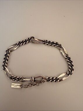 YSL Saint Laurent silver-tone metal Figaro chain bracelet with logo tag